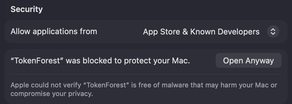 The Open Anyway button in Privacy & Security