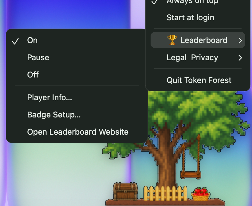 Token Forest 앱 메뉴. 🏆 리더보드가 펼쳐지고 「배지 설정…」가 강조됨.